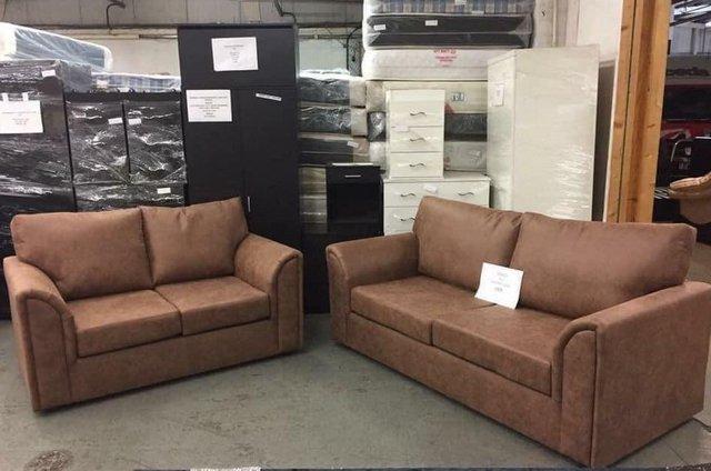 Preview of the first image of Omega 3&2 sofas in brown faux suede.