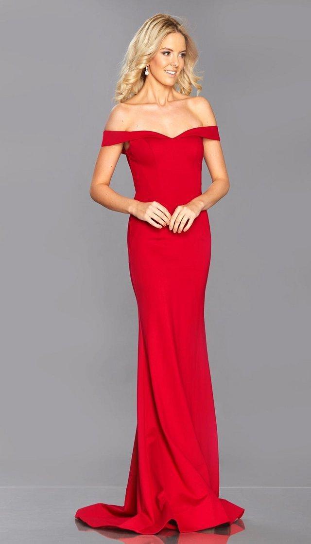 Preview of the first image of Tiffany's Red Bardot neckline, sleek fit, prom/ evening £95.
