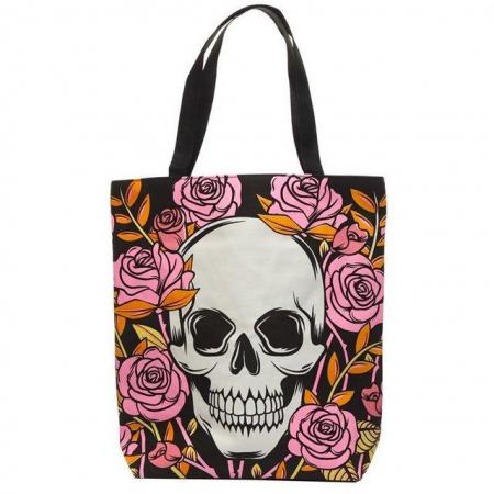 Image 3 of Handy Cotton Zip Up Shopping Bag - Skulls & Roses.