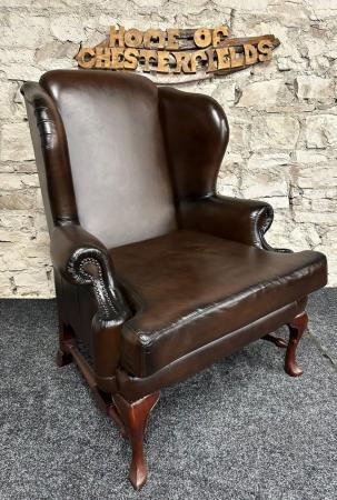 Image 6 of Queen Anne Wingbacked Armchair x2 Brown Leather & footstool