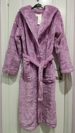 Image 1 of New M&S Lavender Fleece Dressing Gown X-Small Hooded Pockets