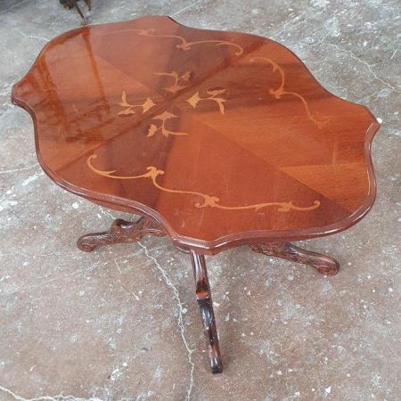 Image 3 of Vintage High Gloss Pedestal Coffee Table with Floral Inlay