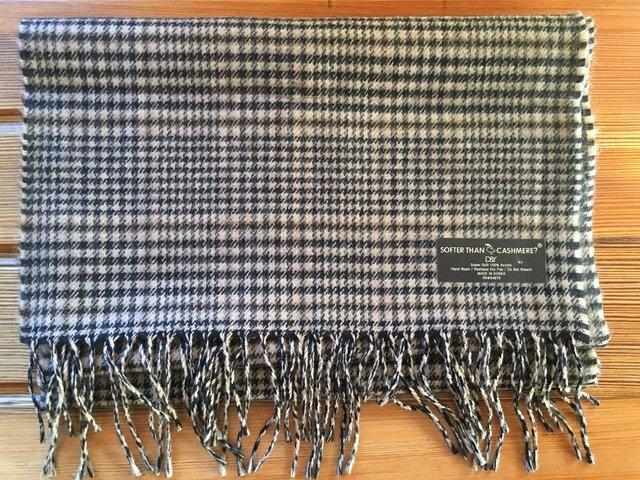 Preview of the first image of Unused D&Y 'Softer Than Cashmere?' brown check scarf..