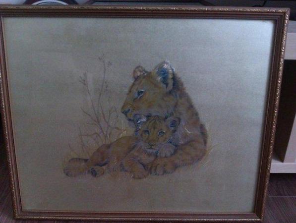 Image 2 of 2 x Framed Art Etching leopard Cub lions by M. Fennell Vinta
