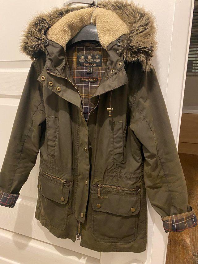Preview of the first image of Barbour ladies coat. Size 10. Olive /brown colour.