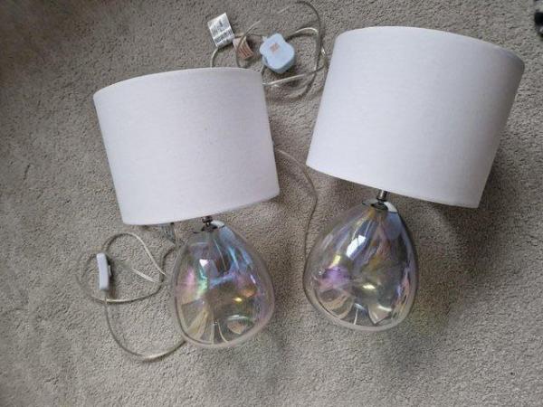 Image 1 of Pair of Glass Lamps (White Shades)
