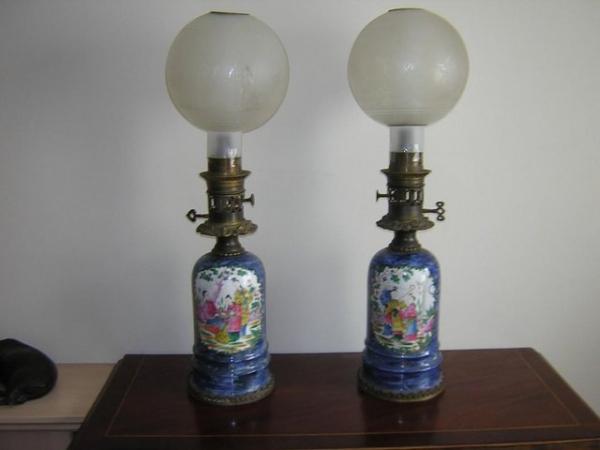 Image 1 of Pair of Oriental Vases turned into Oil Lamps: Size 24 ins.