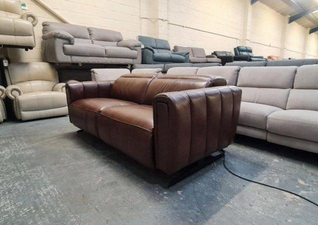 Image 3 of Vita brown leather electric recliner 3 seater sofa