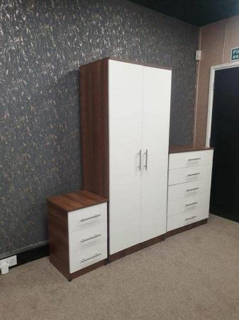 Image 1 of NOVA WALNUT AND WHITE WARDROBE CHEST AND BEDSIDE