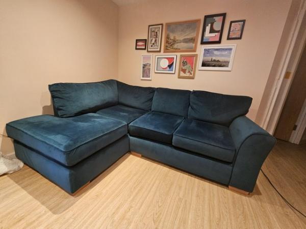 Image 1 of Next plush velvet left handed corner sofa, 2 years old