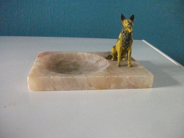 Preview of the first image of VINTAGE ALABASTER PIN TRAY WITH GERMAN SHEPHERD DOG.