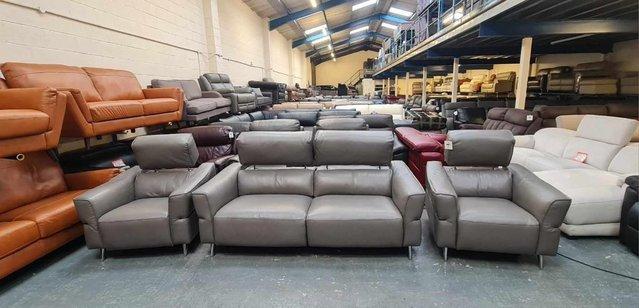 Image 3 of Dakota grey leather electric recliner sofa and 2 armchairs