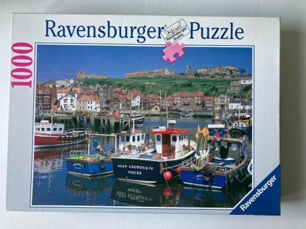 Image 2 of Ravensburger 1000 piece jigsaw titled Whitby Abbey & Harbour