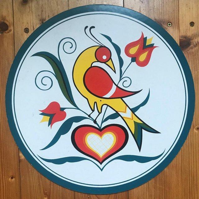 Preview of the first image of Colourful Folk Art stylised bird plaque - from Ireland?.