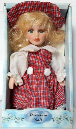Image 3 of BOXED PORCELAIN DOLL - ROSIE - RED CHECK DRESS - 16 cm
