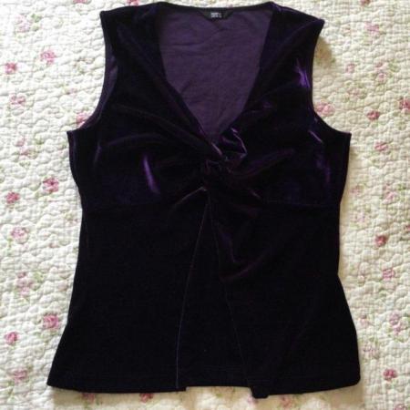 Image 2 of Size 16 M&S Purple Velvet Stretch Knotted V Sleeveless Top