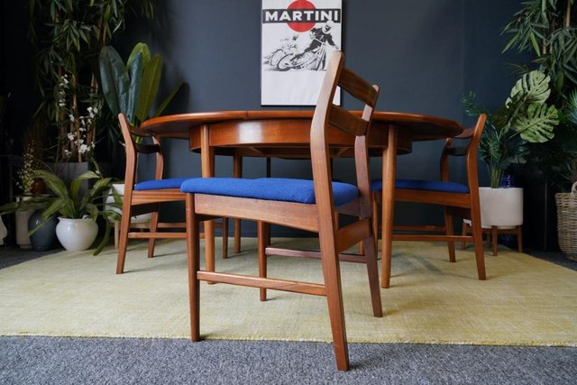 Image 7 of Mid C 1970s Teak Dining Set D-end Table 4 Barback Chairs
