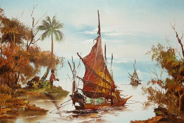 Preview of the first image of Large, Signed Painting of Asian Island / Shipping Scene.