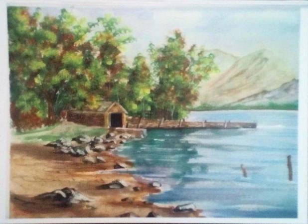 Image 1 of WATER COLOR ART PAINTING THE OLD BOAT HOUSE ON DERWENT WATER