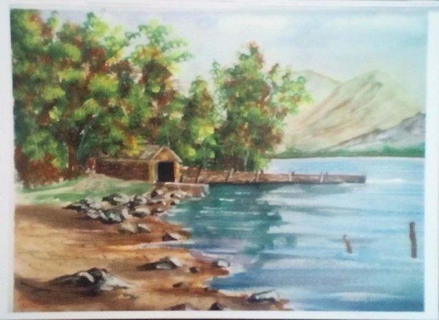 Preview of the first image of WATER COLOR ART PAINTING THE OLD BOAT HOUSE ON DERWENT WATER.
