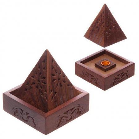 Image 1 of Pyramid Sheesham Wood Incense Cone Box with Fretwork. .