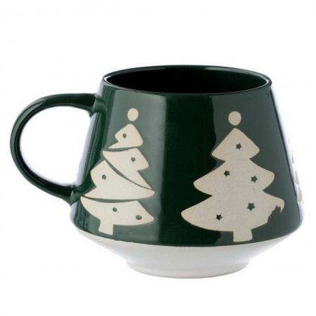 Image 3 of Stoneware Mug Green Glaze Relief - Christmas Tree.