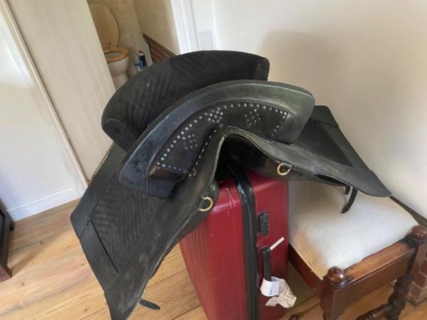Image 2 of Portuguese saddle black suede large wide fit. REDUCED
