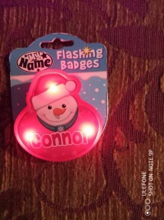 Image 2 of Personalised Christmas Badge Connor with flashing red lights