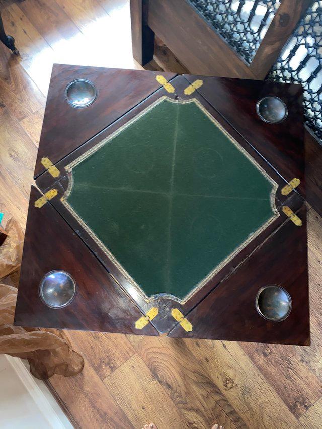 Preview of the first image of Antique Edwardian Envelope pocket Card Table with Green baiz.