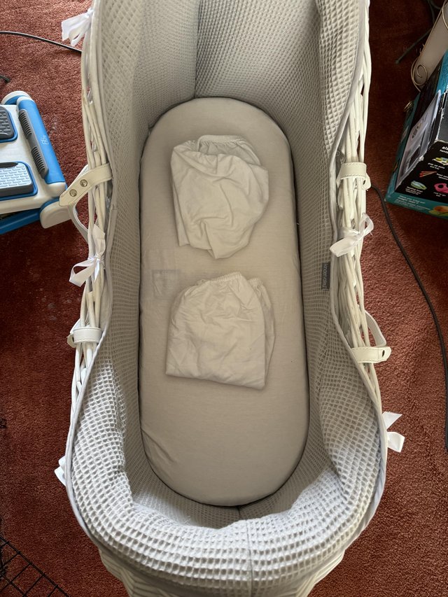 Preview of the first image of White wicker Moses basket and stand.