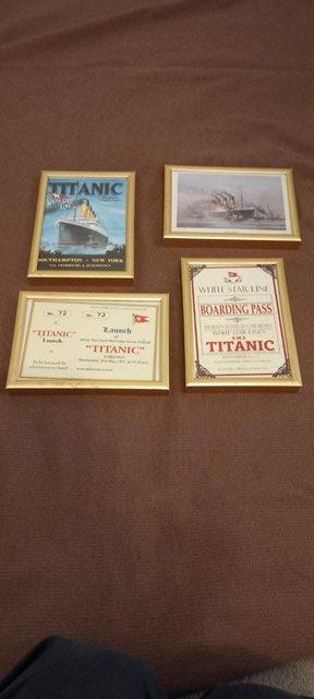 Preview of the first image of 4 FRAMED TITANIC POSTCARDS IN GOLD COLOURED FRAMES.