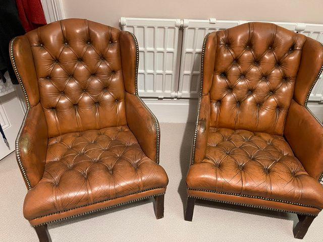Preview of the first image of 2 Leather Chesterfield Armchairs.