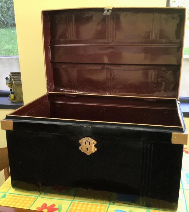 Preview of the first image of Antique Victorian large tin steamer, travel, cabin trunk.