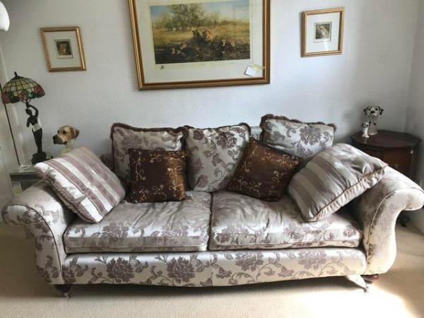 Image 1 of Neutral patterned silky covered 3 seater settee /sofa