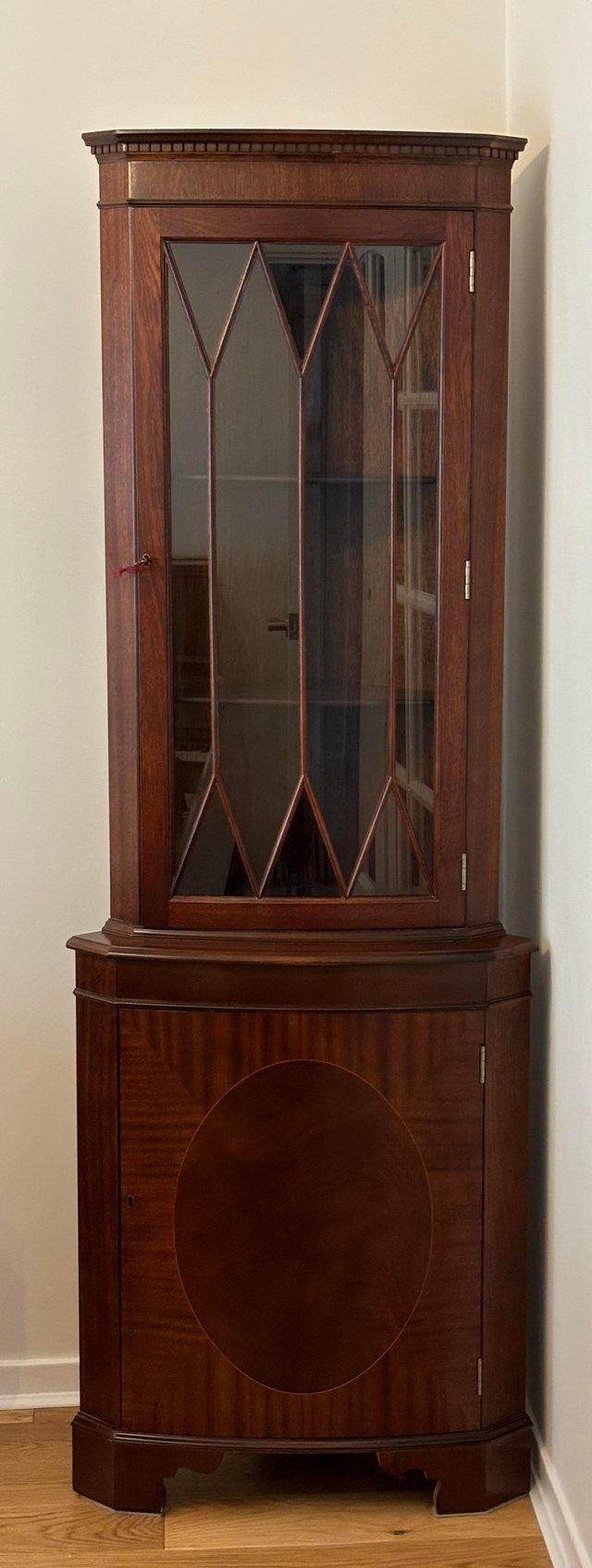 Preview of the first image of Reproduction Mahogany Effect Corner Display Cabinet 1990s..