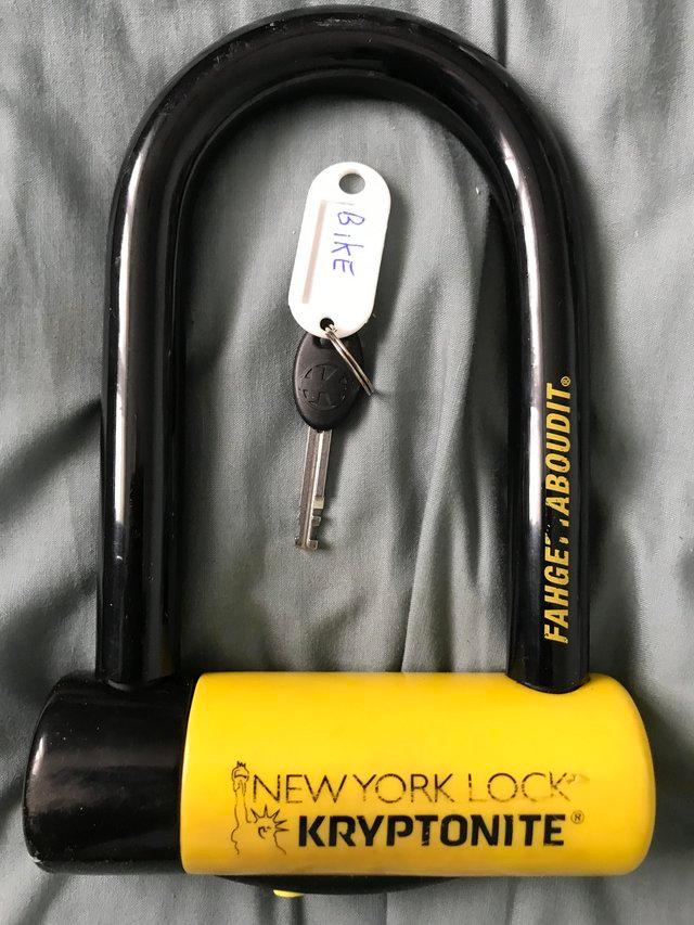 Preview of the first image of Kryptonite Yellow New York FAHGETTABOUDIT Bike Lock.