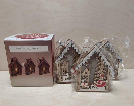 Image 1 of Set of 3 Hanging Christmas Wooden House with LED Warm Lights