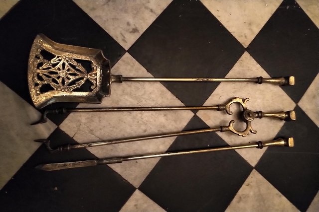 Preview of the first image of Antique Georgian Brass Fireplace set: Tongs, Poker & Shovel.