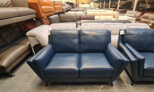 Image 3 of New Fellini blue leather pair of 2 seater sofas