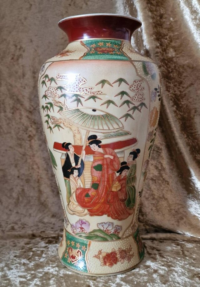 Preview of the first image of Large Antique Asian Vase, Hand Painted Satsuma, Richly Decor.