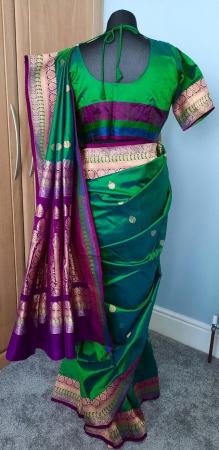 Image 1 of Green and purple banarasi silk saree with gold embrodiery