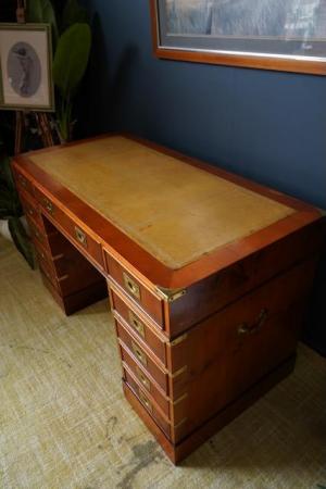 Image 12 of Antique Yew Wood Military Campaign Style Pedestal Desk c1930