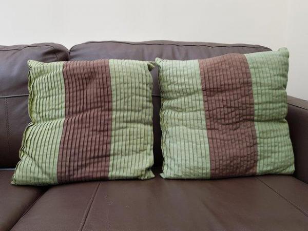 Image 1 of Two cushions Green with Brown strip