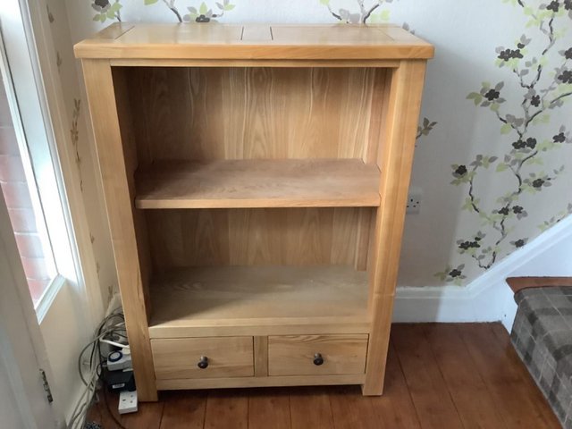 Preview of the first image of Solid Oak Bookcase (1 shelf, 2 drawers).