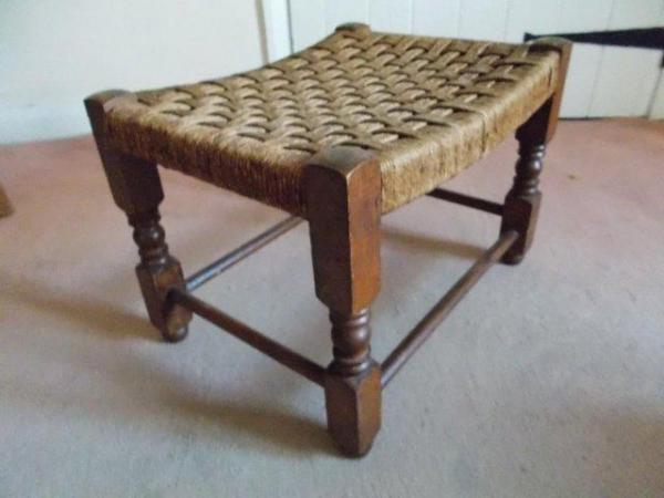 Image 1 of 1900s Arts & Crafts Oak stool footstool & woven seagrass top