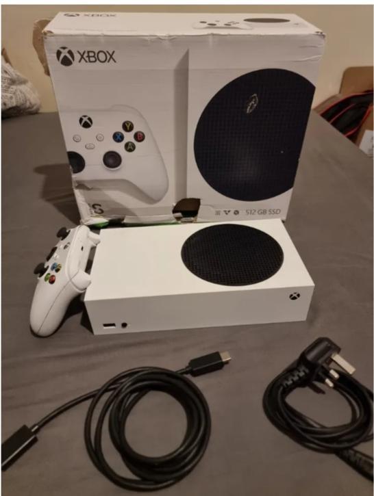 Preview of the first image of Xbox Series S White Console with controller in box.