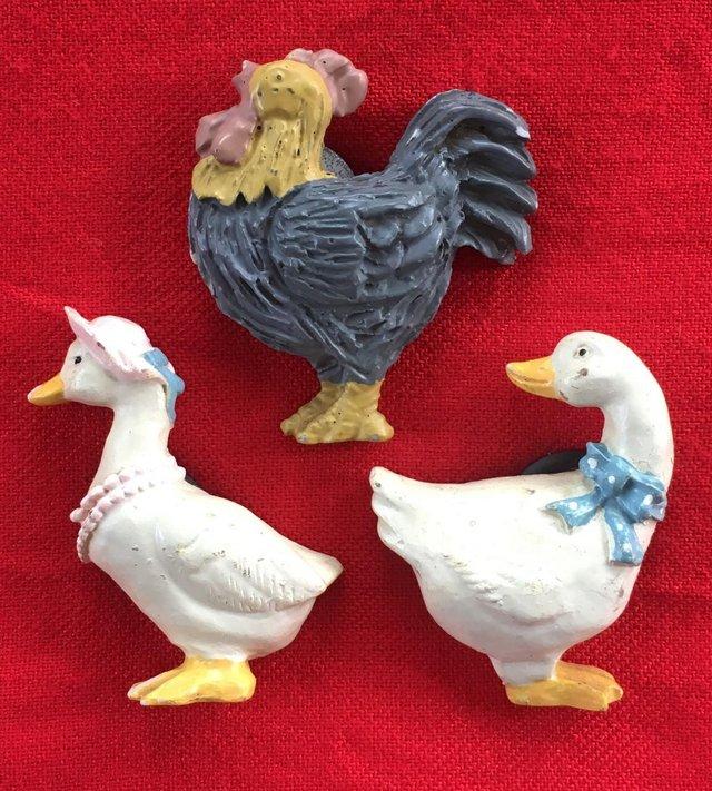 Preview of the first image of 3 vintage fridge magnets: 2 x geese + cockerel..