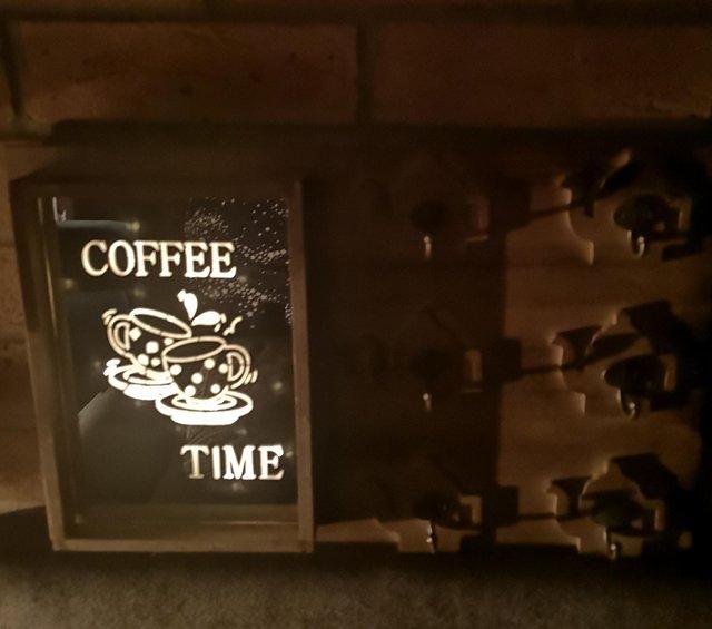 Preview of the first image of A wooden coffee board kitchen decoration with battery _ powe.