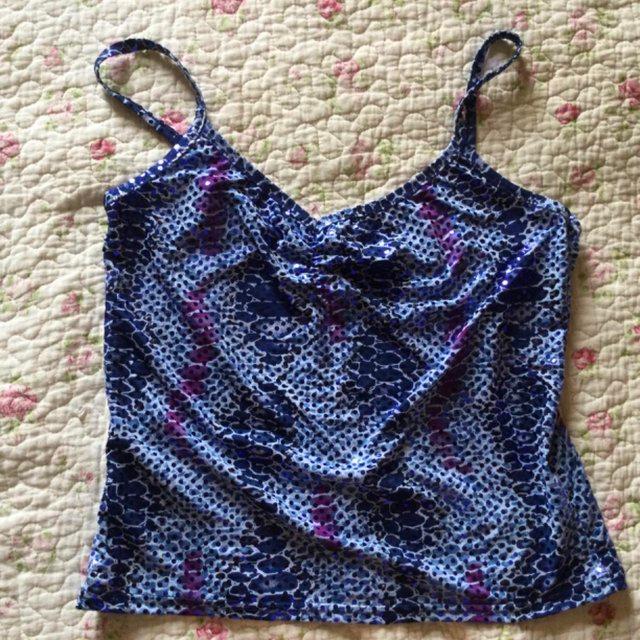 Preview of the first image of Stunning Vtg 90s NEW LOOK Blue & Purple Sequin Strappy Top.