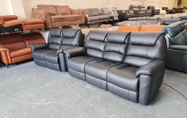 Image 12 of La-z-boy Staten black leather electric 3+2 seater sofas